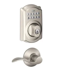 Schlage® Accent Satin Nickel Door Lever With Camelot Trim And Keypad Door Deadbolt