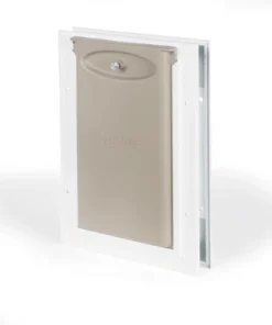 PetSafe® Freedom 5.25" X 8.12" Small Premium White Aluminum Pet Door -SCHLAGE Sales Store PPA00 10859FreedomAluminumSmallDoorLeftAngle
